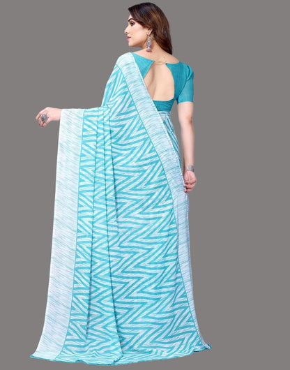Georgette Geometric White and Turquoise Saree