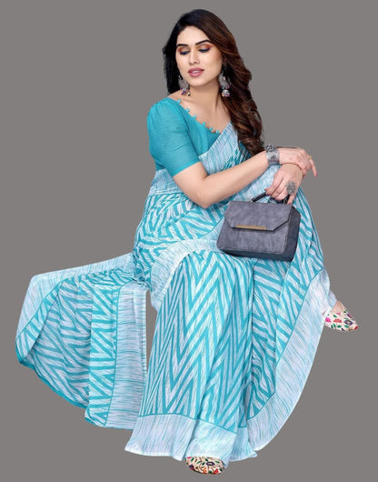 Georgette Geometric White and Turquoise Saree