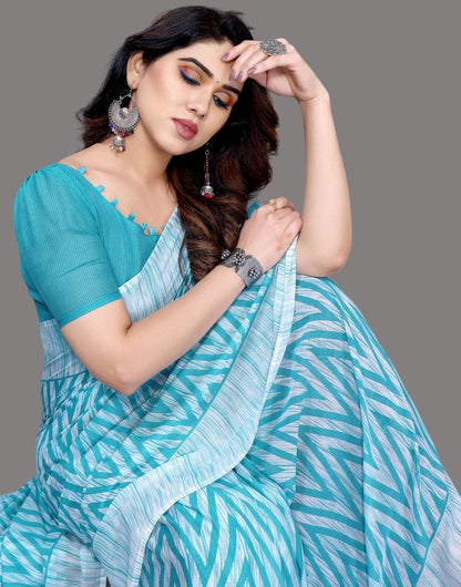 Georgette Geometric White and Turquoise Saree