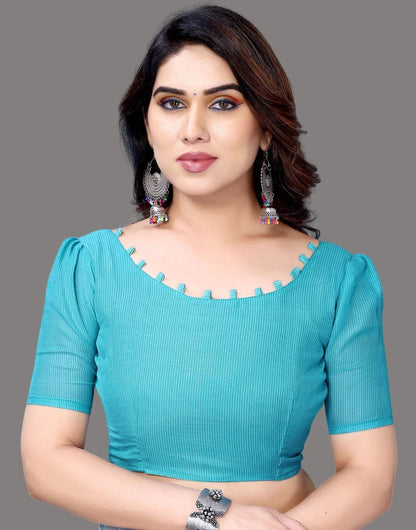 Georgette Geometric White and Turquoise Saree