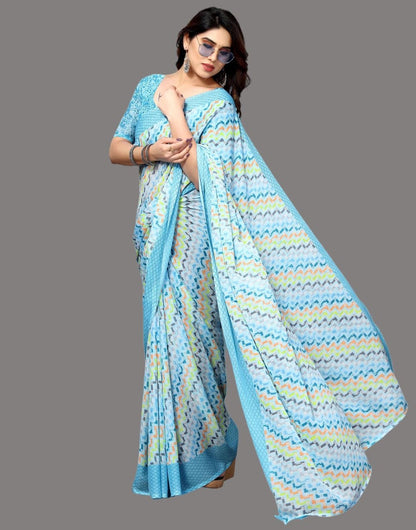 Georgette Geometric Light Blue Saree