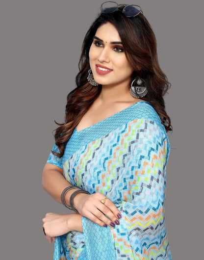 Georgette Geometric Light Blue Saree