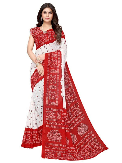 Georgette Bandhani Red, White Saree