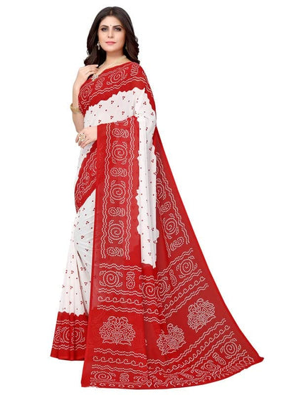 Georgette Bandhani Red, White Saree