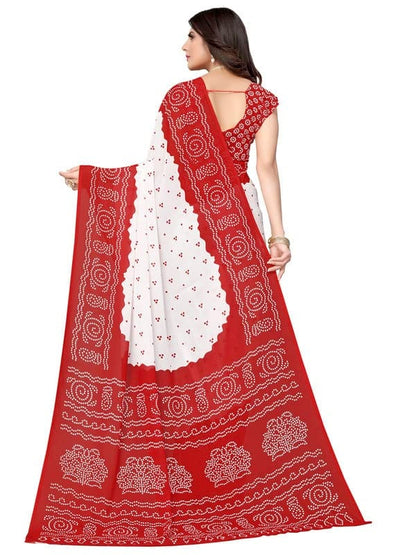 Georgette Bandhani Red, White Saree