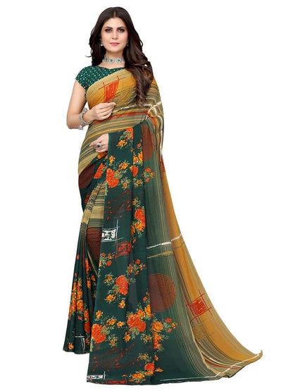 Georgette Floral Dark Green, Beige Saree