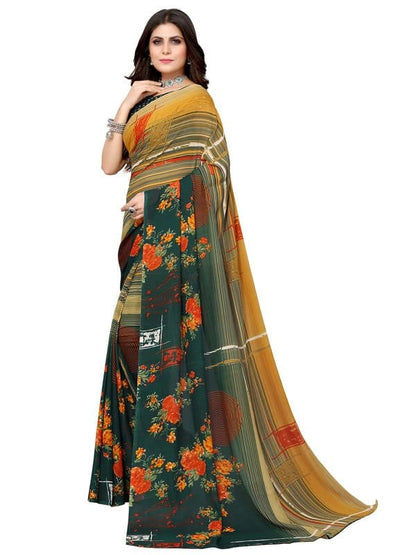 Georgette Floral Dark Green, Beige Saree