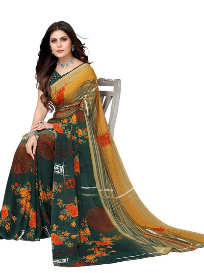 Georgette Floral Dark Green, Beige Saree