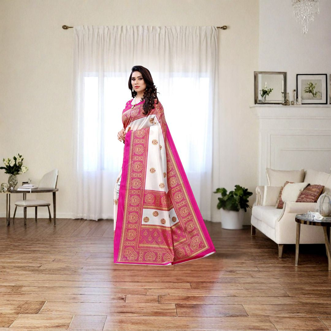 Ivory Blush Pink Art Silk Heritage Saree