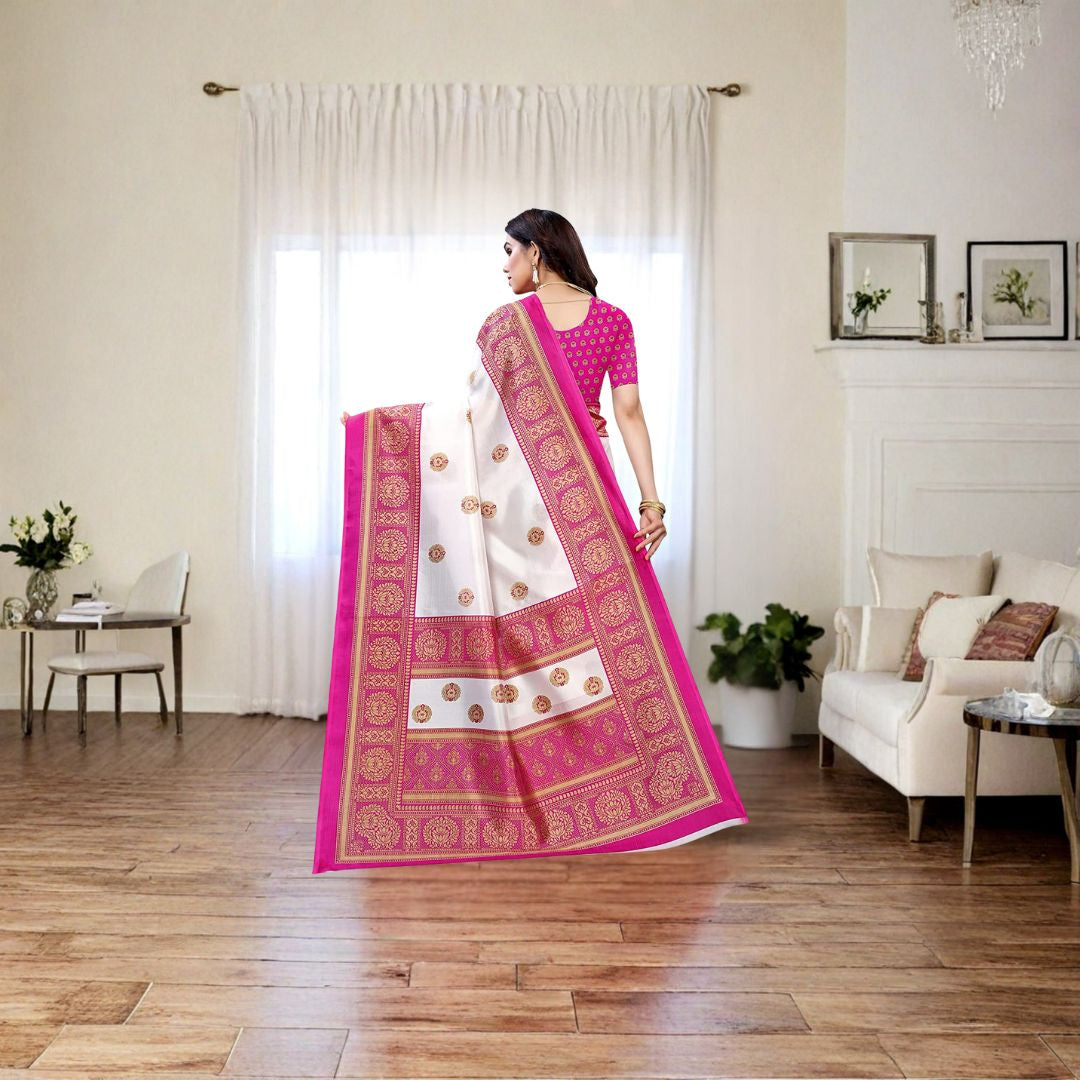 Ivory Blush Pink Art Silk Heritage Saree