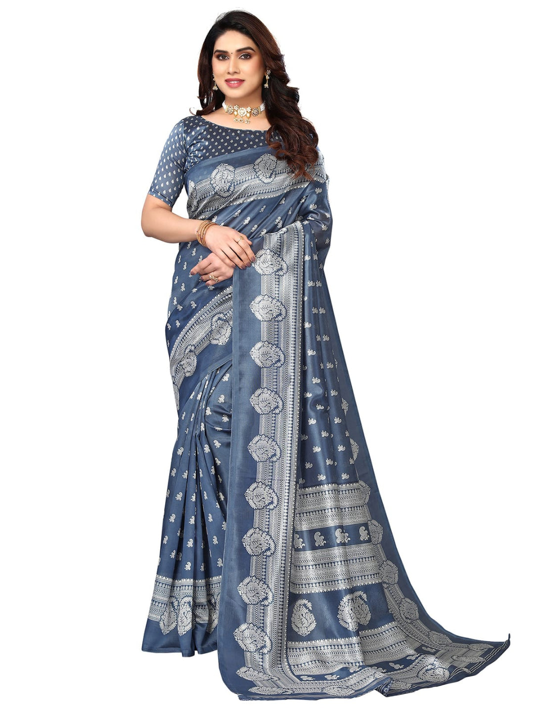 Art Silk Traditional Grey and Off-White Saree