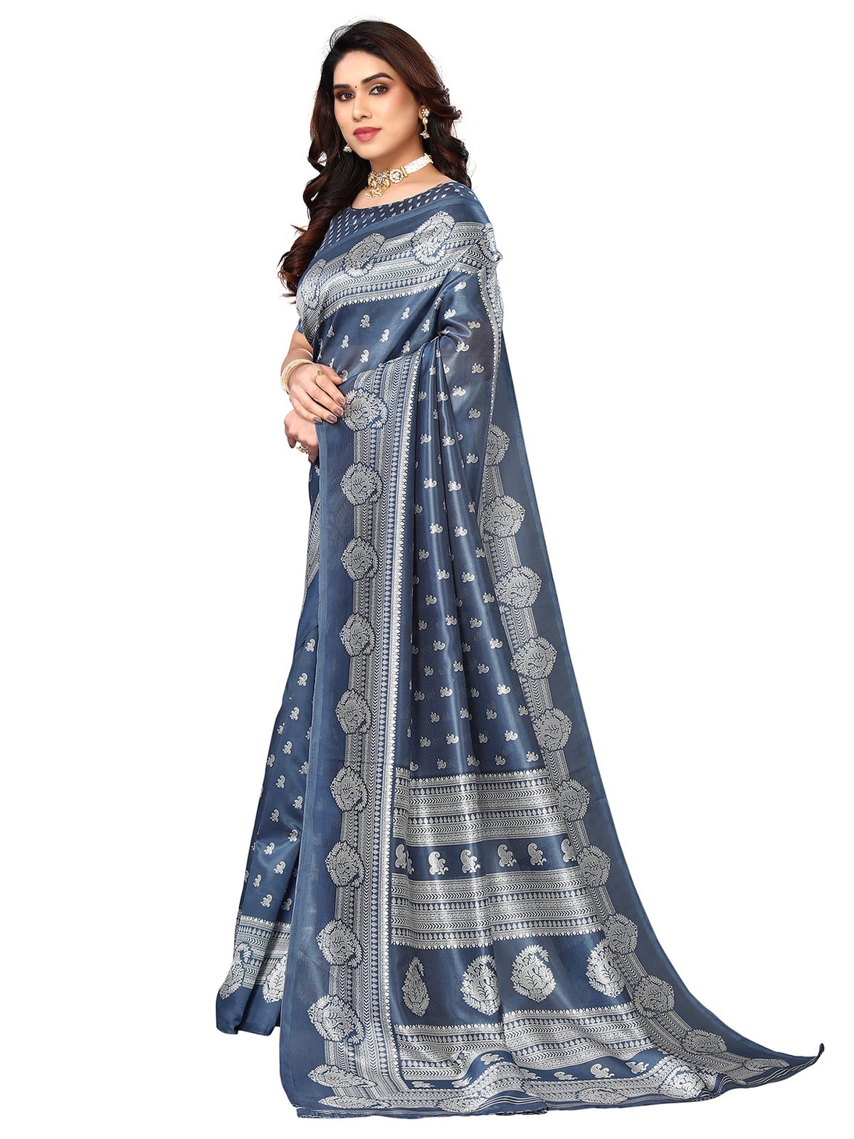 Art Silk Traditional Grey and Off-White Saree