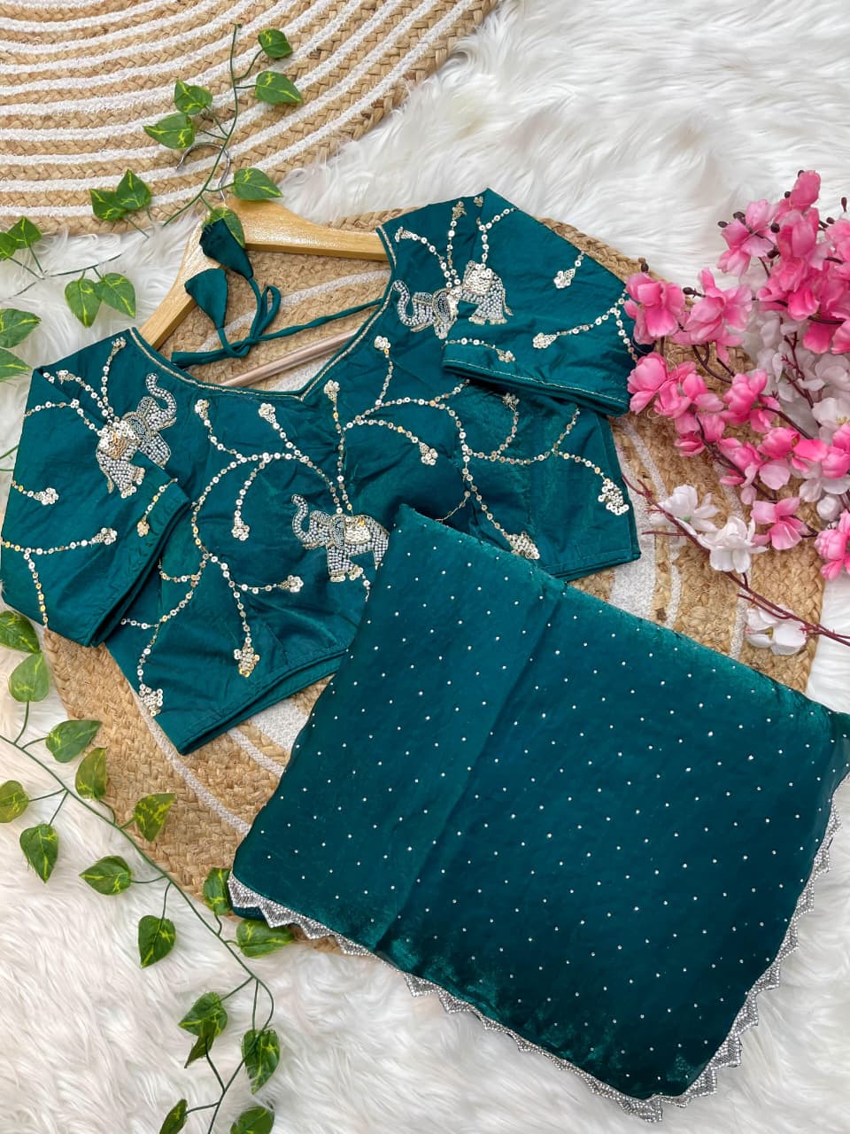 Juhi Teal Elegance Fendy Satin Silk Saree