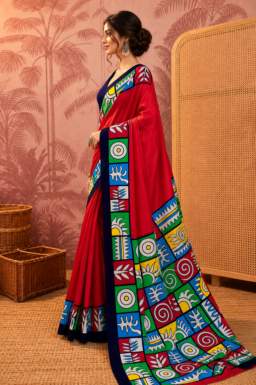 Beige Mulmul Cotton Saree with Maroon Block Print