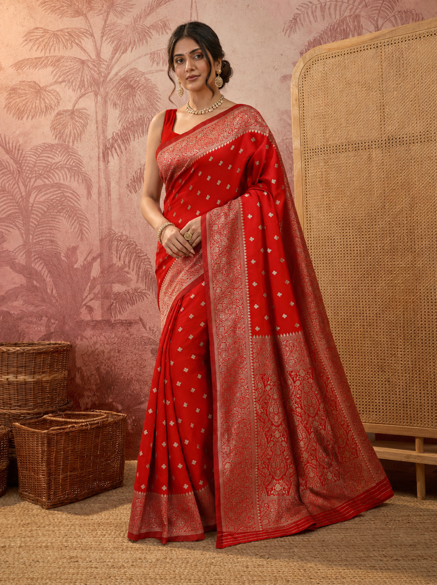 Elegant Red Banarasi Style Zari Woven Saree with Rich Golden Designer Pallu Ã¢â‚¬â€œ Wedding & Festive Wear - 342666d2 b7d4 4947 a0a9 f4588f2d7c43