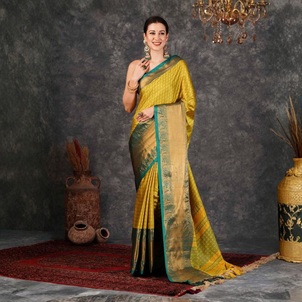 Golden Teal Royal Kanjivaram Silk Saree