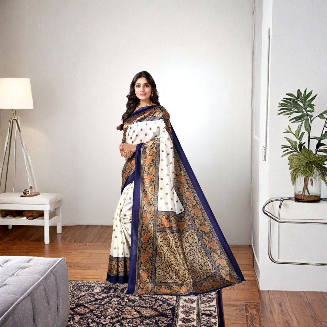 Ivory Navy Art Silk Antique Print Saree