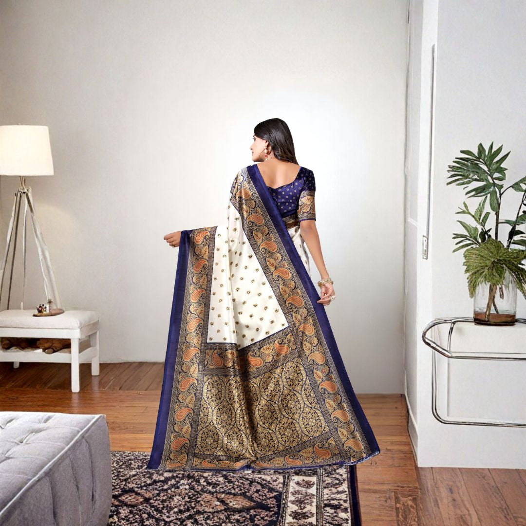 Ivory Navy Art Silk Antique Print Saree