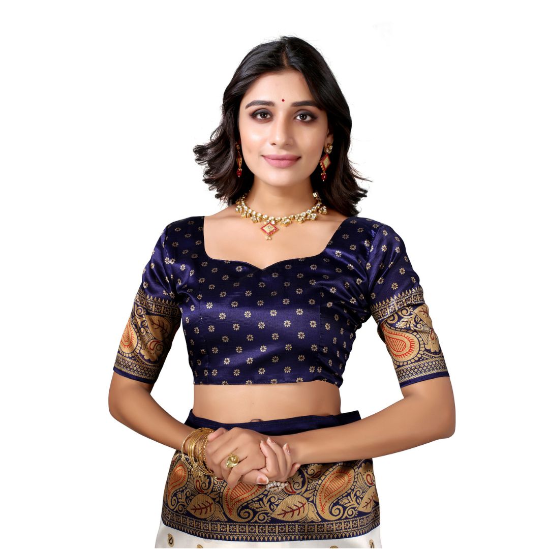 Ivory Navy Art Silk Antique Print Saree