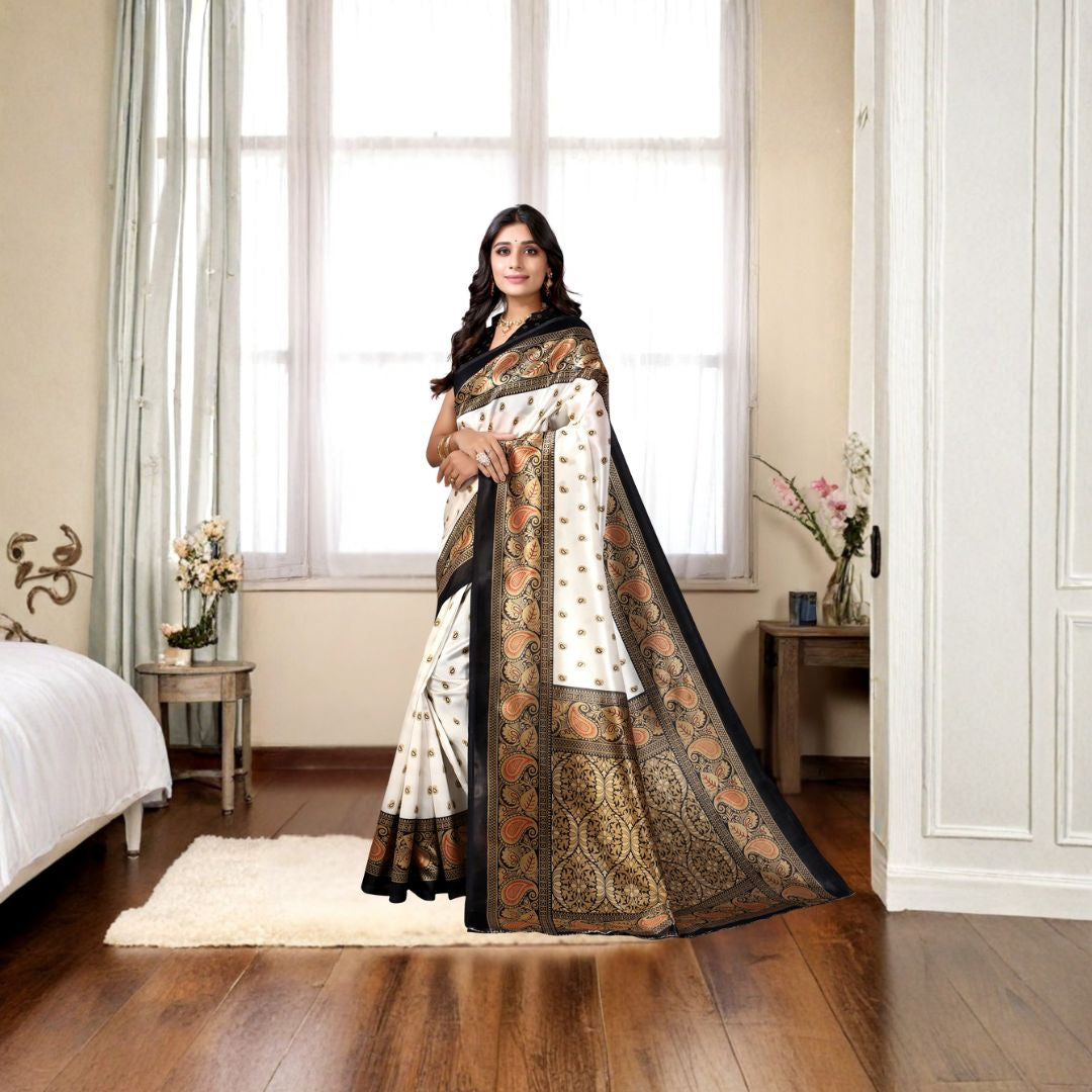 Ivory Noir Art Silk Classic Print Saree
