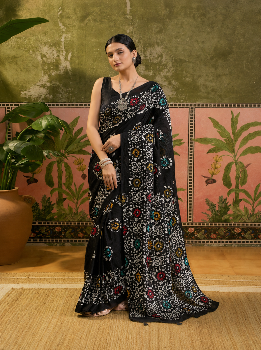Pure Cotton Black Multicolor Floral Printed Saree - 4e85c790 8e9d 46dc 97f4 f85bf5cd9a09