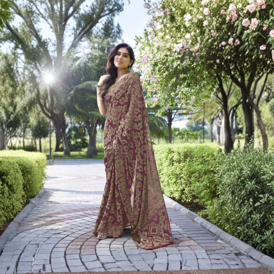 Wine Ember Floral Chiffon Saree