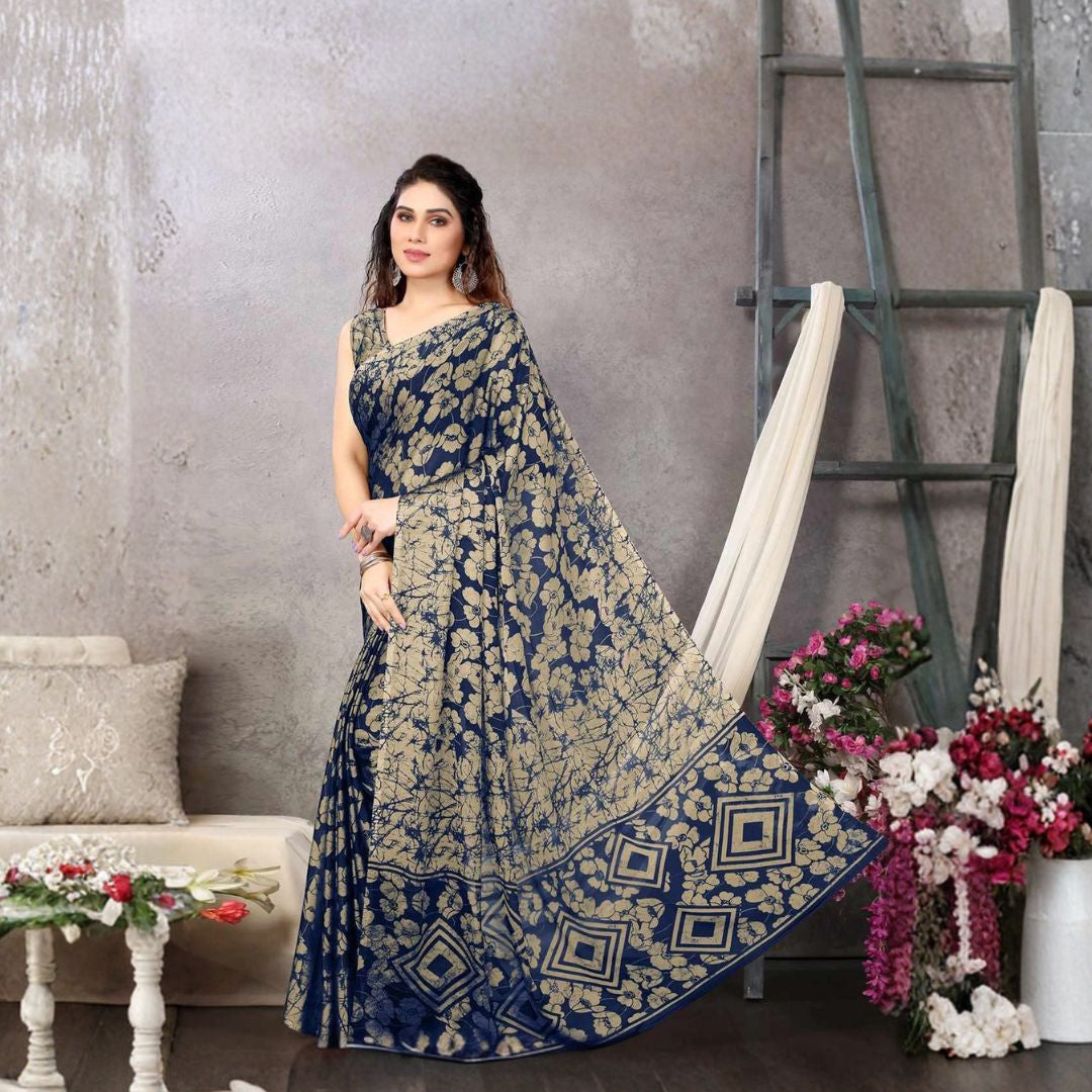 Ocean Bloom Blue-Brown Chiffon Saree