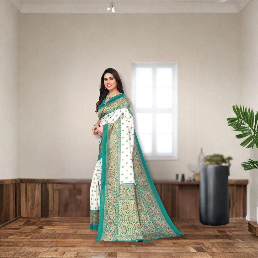 Ivory Turquoise Art Silk Royal Print Saree