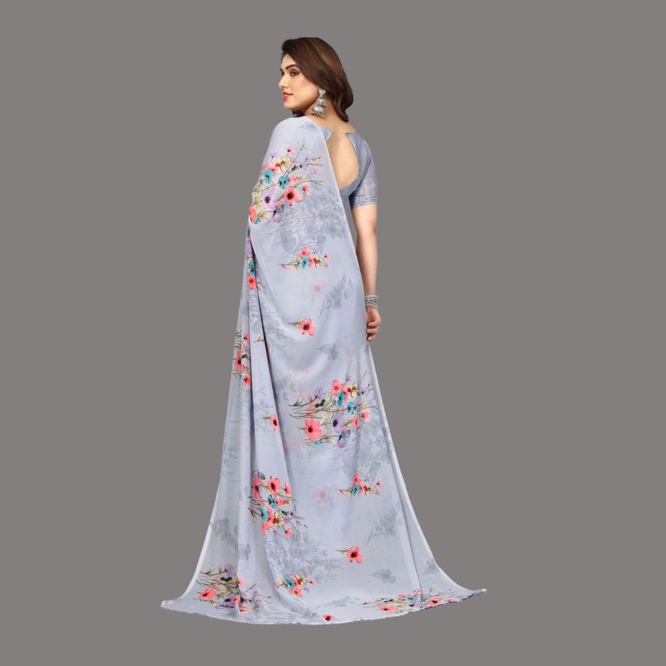Pearl Mist Light Grey Georgette Floral Saree
