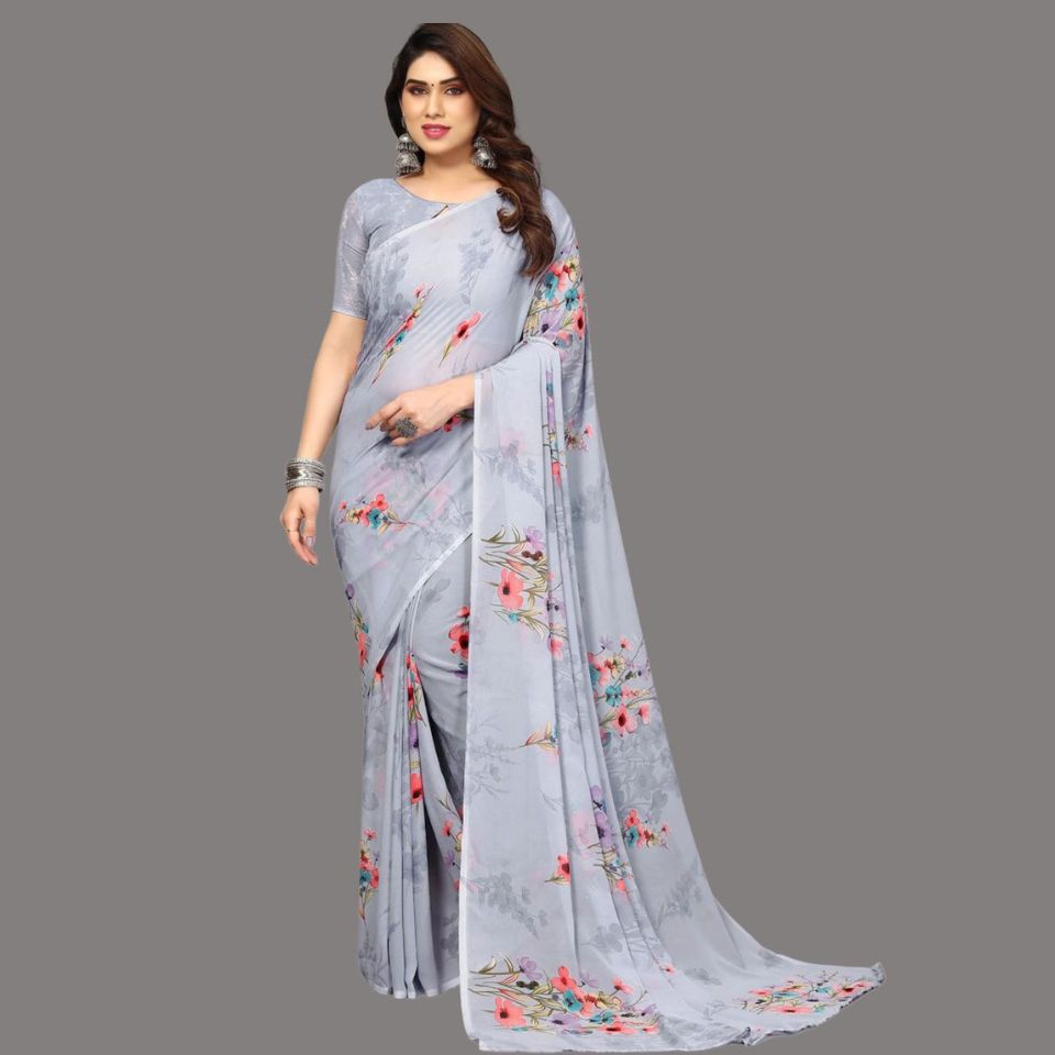 Pearl Mist Light Grey Georgette Floral Saree