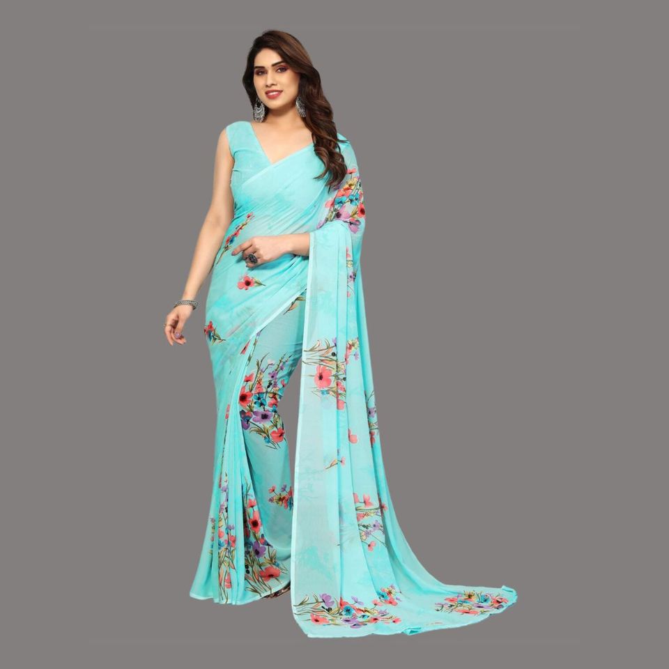 Mint Whisper Light Green Georgette Floral Saree