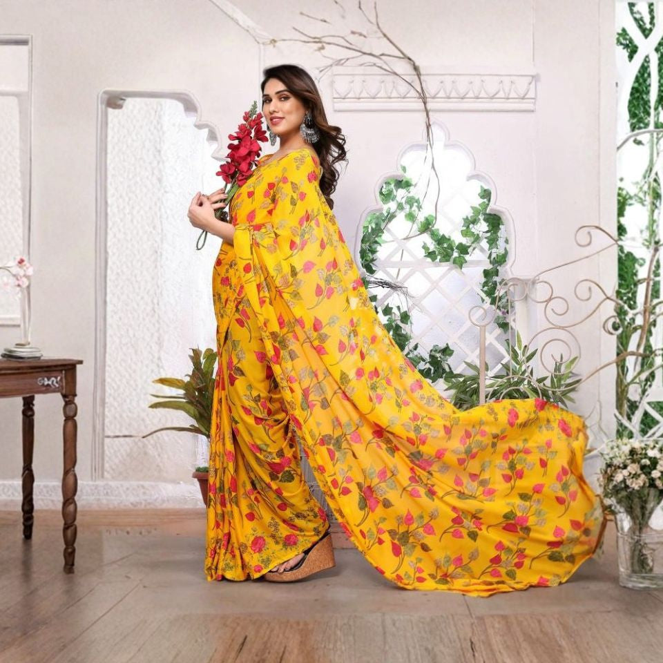 Golden Aura Yellow Georgette Floral Saree
