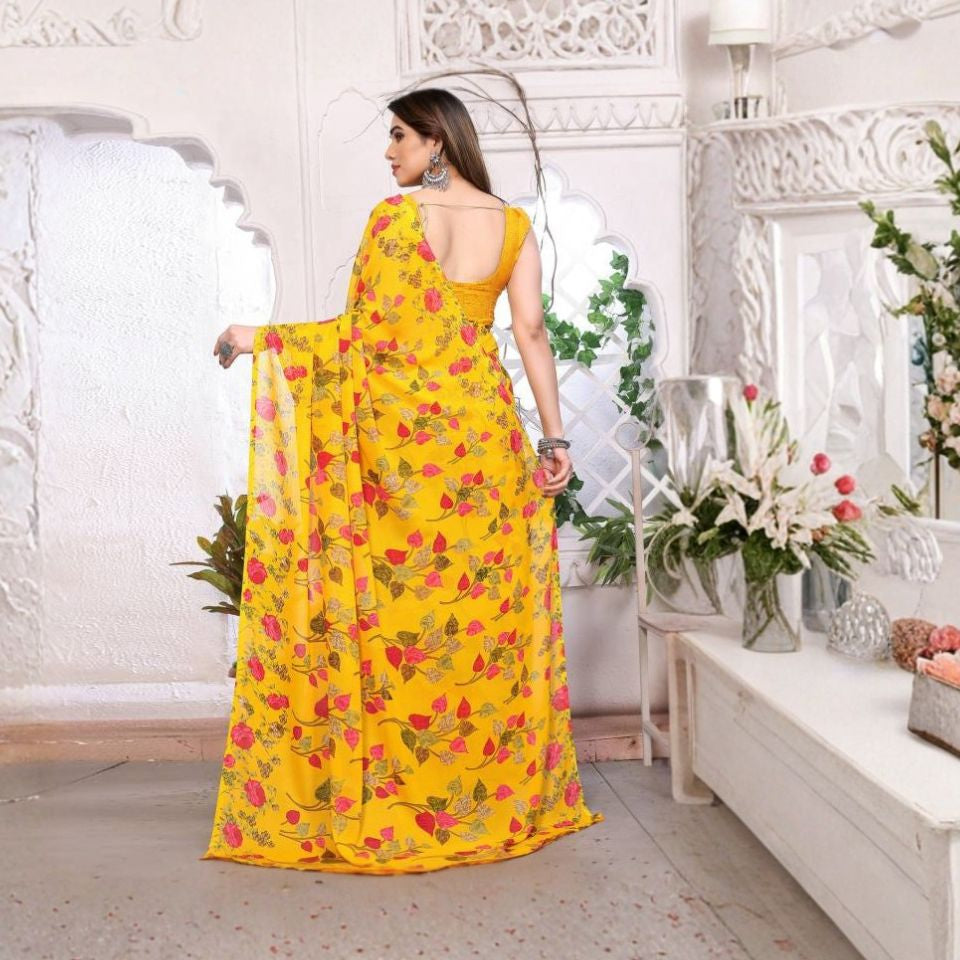 Golden Aura Yellow Georgette Floral Saree
