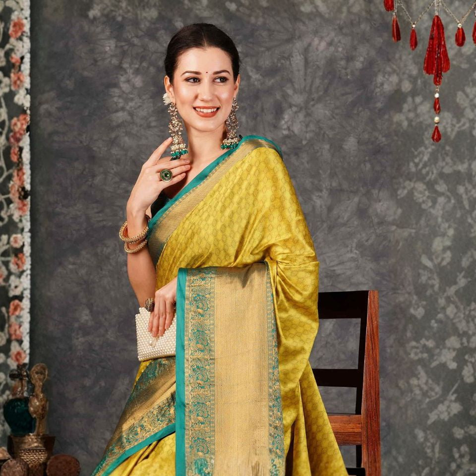 Golden Teal Royal Kanjivaram Silk Saree