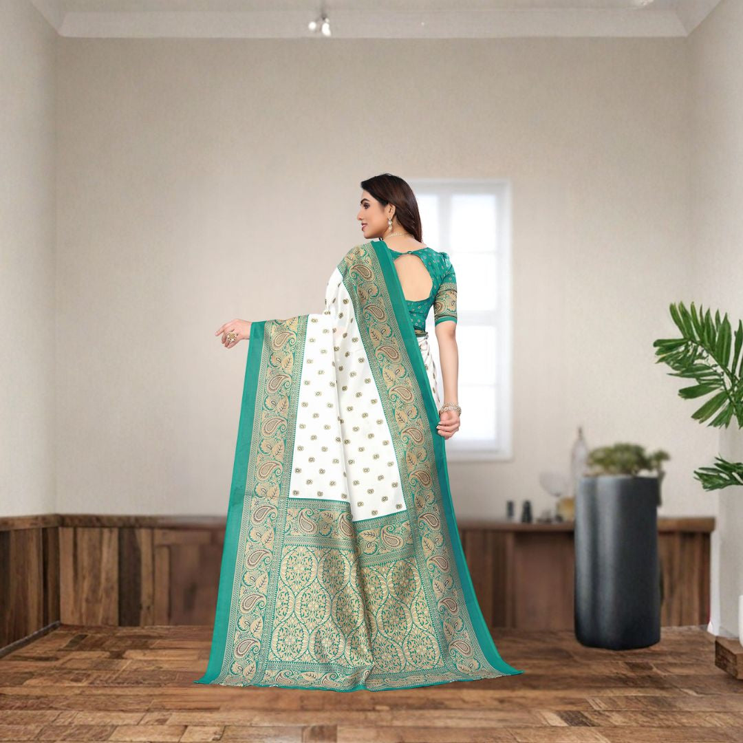 Ivory Turquoise Art Silk Royal Print Saree