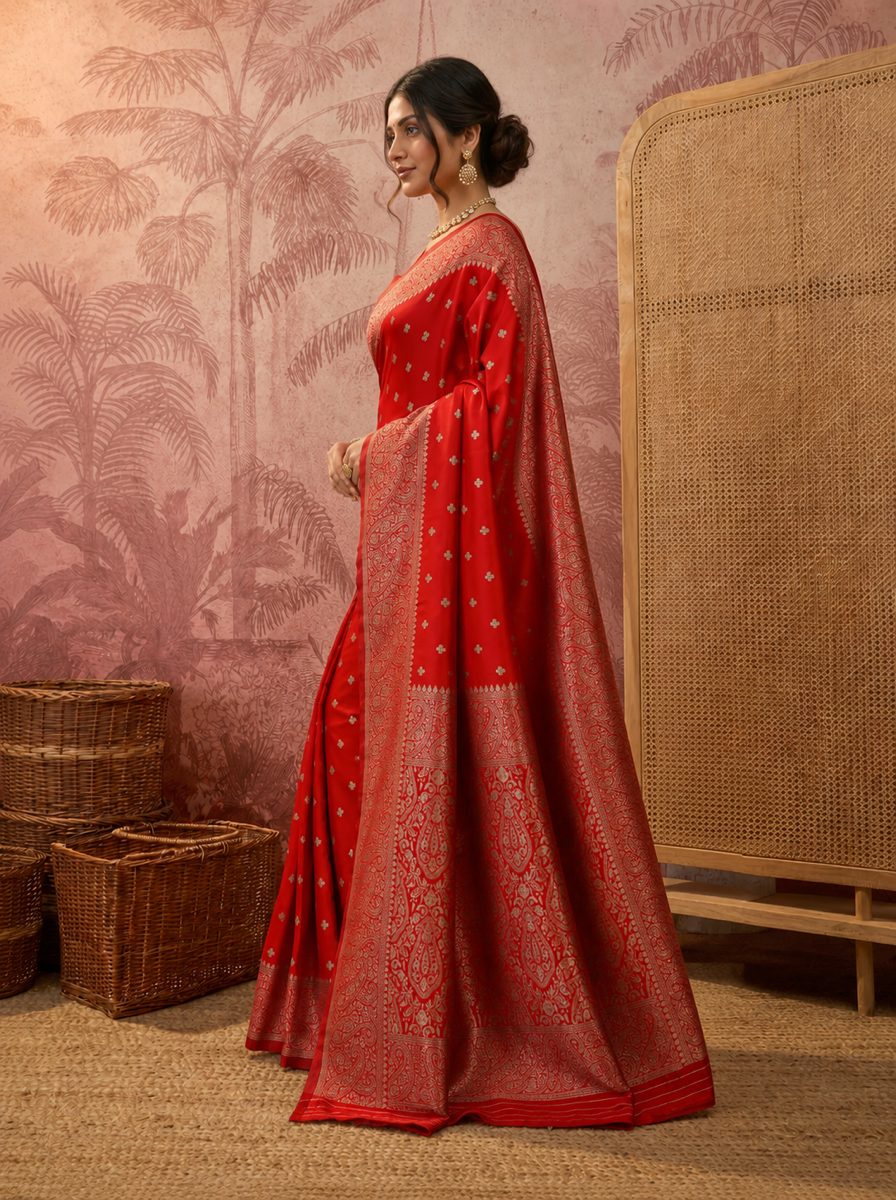 Elegant Red Banarasi Style Zari Woven Saree with Rich Golden Designer Pallu Ã¢â‚¬â€œ Wedding & Festive Wear - 5fbcc4f6 7711 42e6 a470 da82887b1d3a