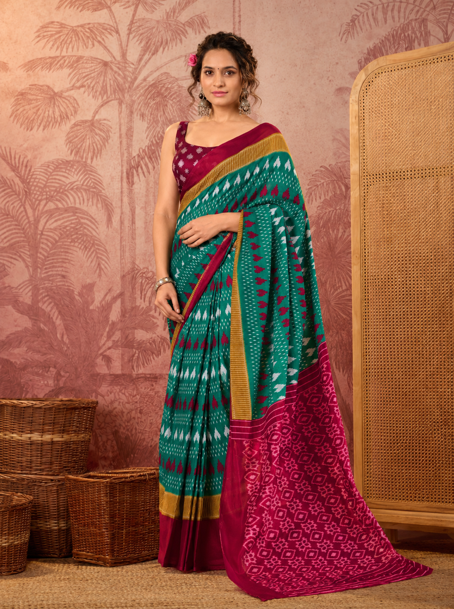 Rama green ikkat print cotton saree with blouse