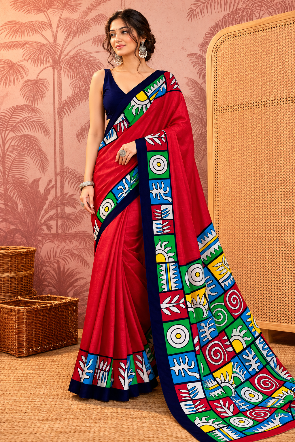 Beige Mulmul Cotton Saree with Maroon Block Print