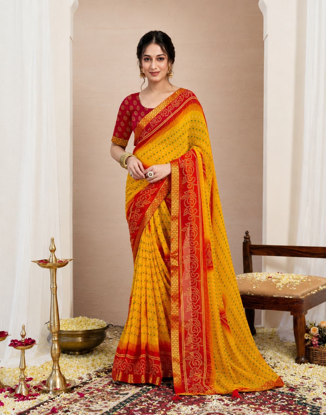 Bandhej Tassel Chiffon Saree