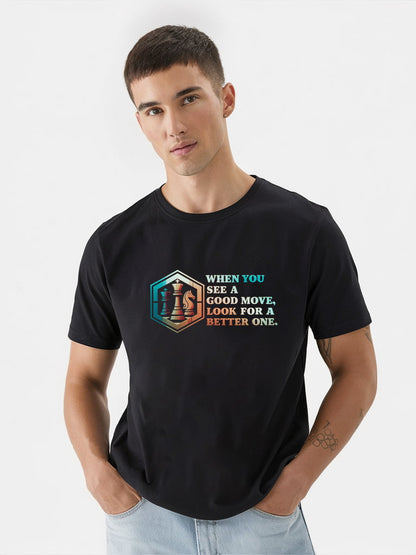 Men's Black Round Neck Tee with Stylish Print