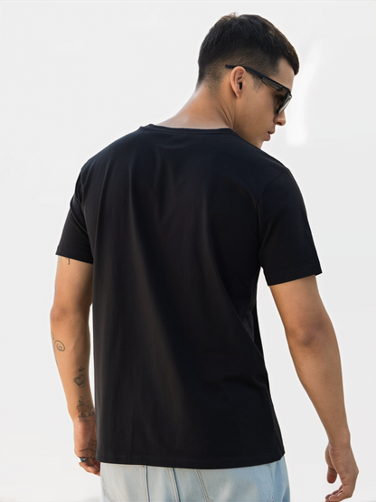 Men's Black Round Neck Tee with Stylish Print
