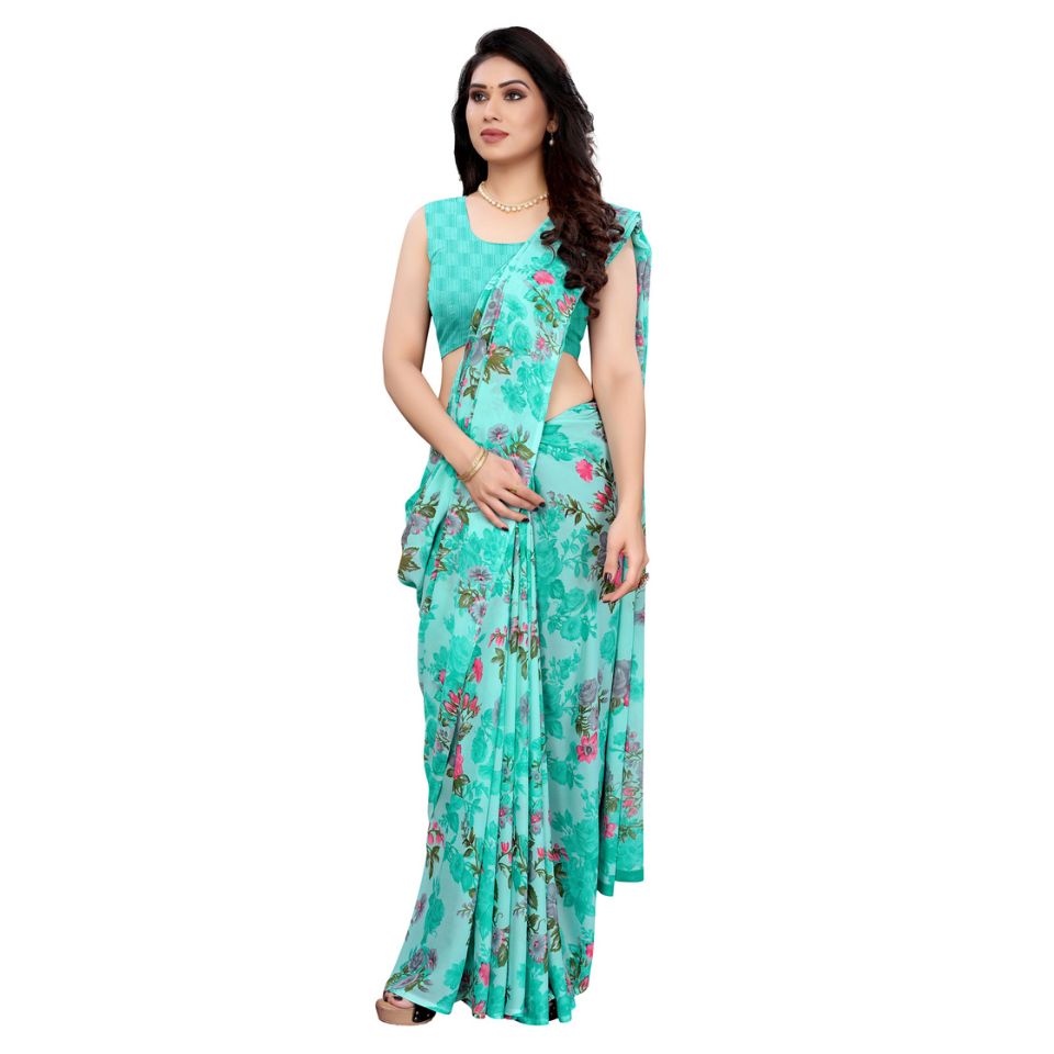 Aqua Drift Blue Georgette Floral Saree