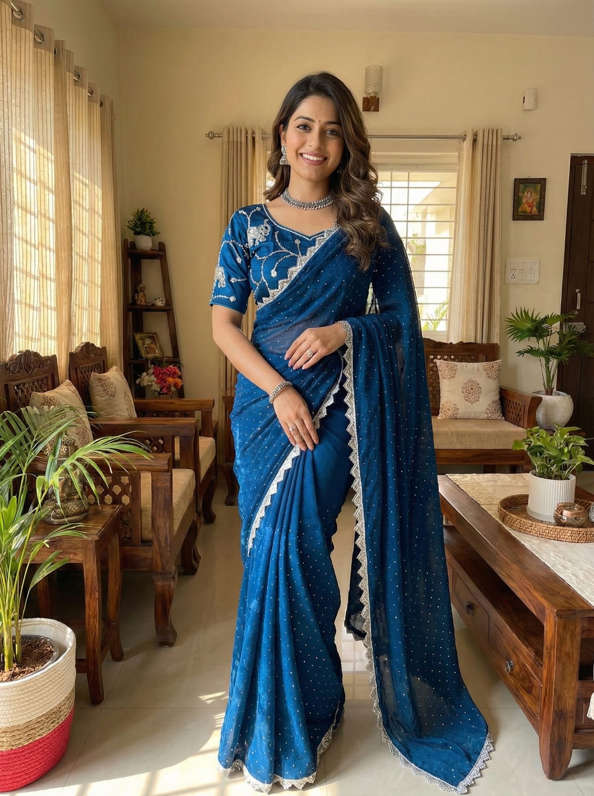 Juhi Teal Elegance Fendy Satin Silk Saree