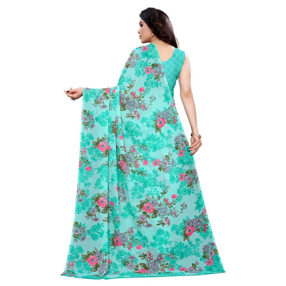 Aqua Drift Blue Georgette Floral Saree
