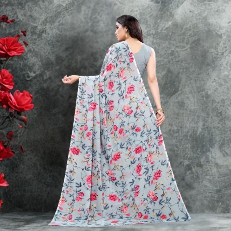 Charcoal Petals Grey Georgette Saree