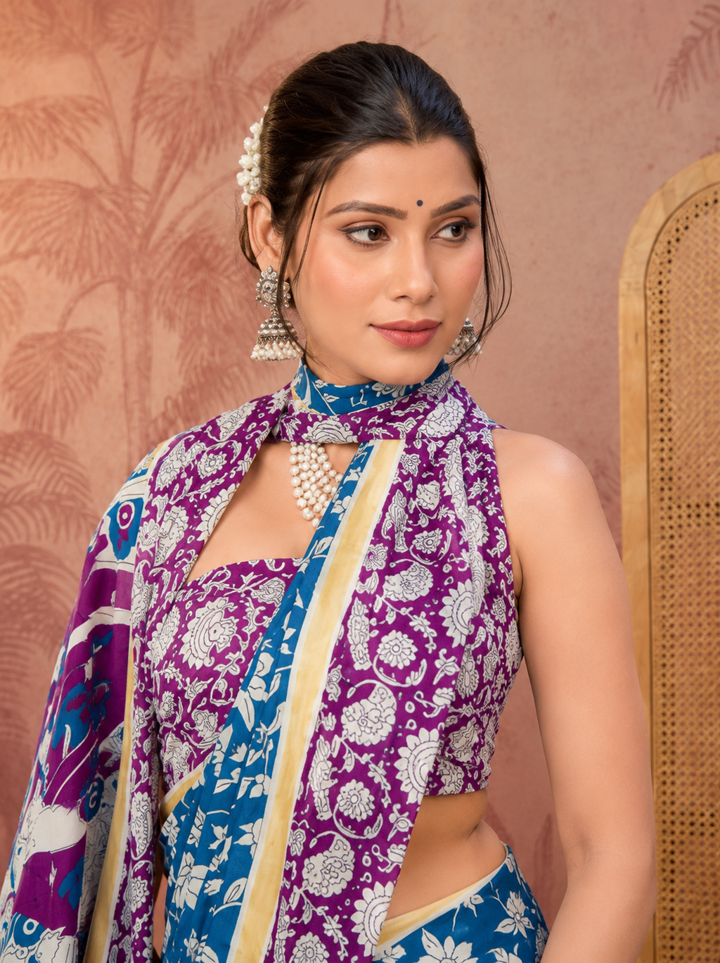 Beige Mulmul Cotton Saree with Maroon Block Print