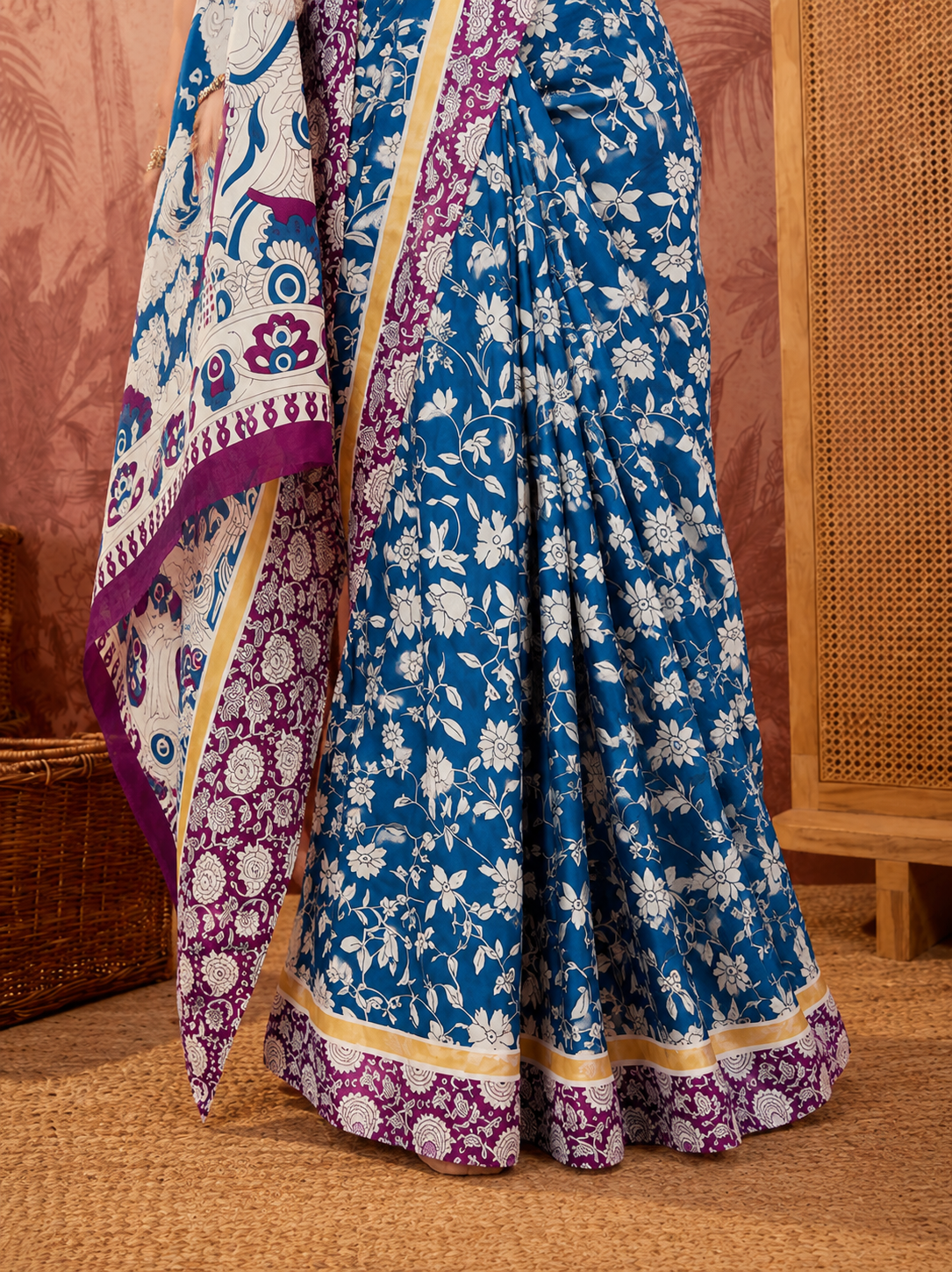 Beige Mulmul Cotton Saree with Maroon Block Print