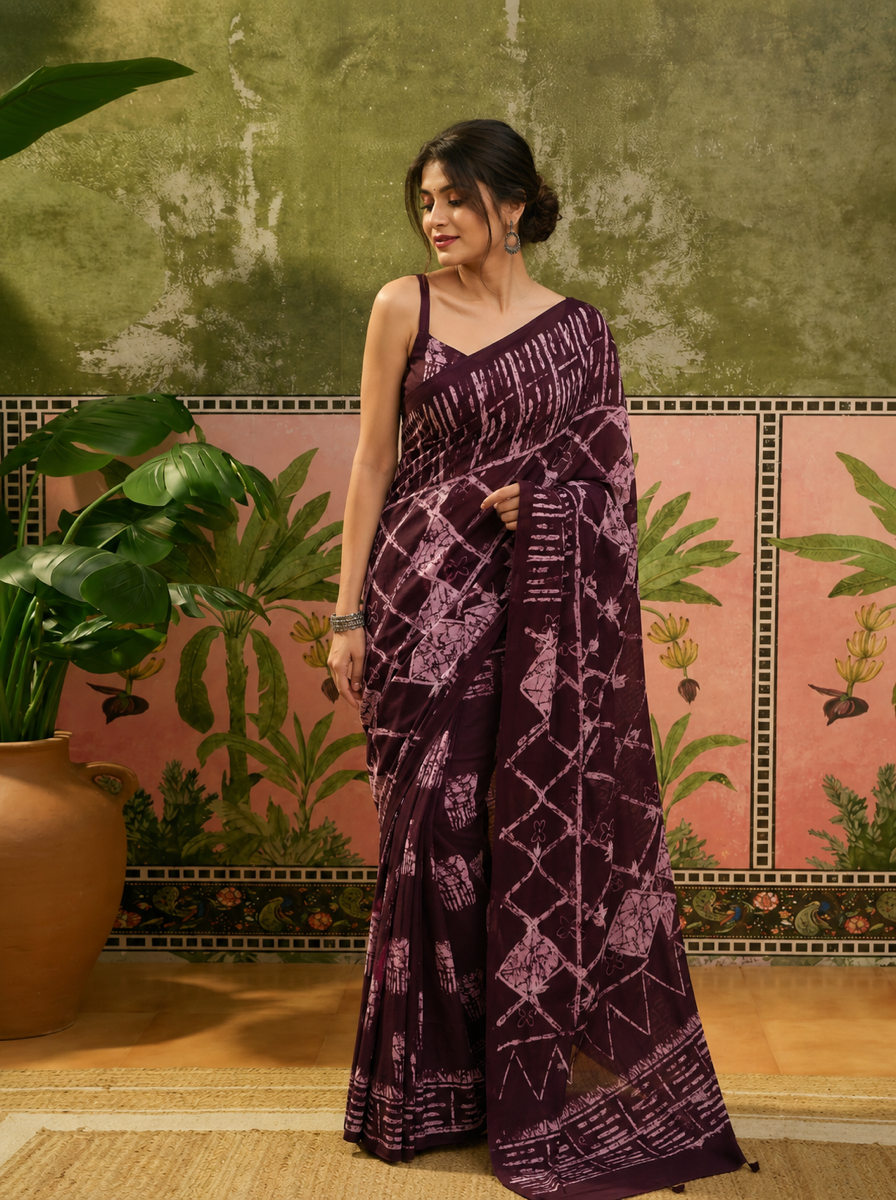 Pure Cotton Wine Color Handblock Printed Saree - 8f2786b3 7d2f 4fa0 affe f9eef7bec7f6