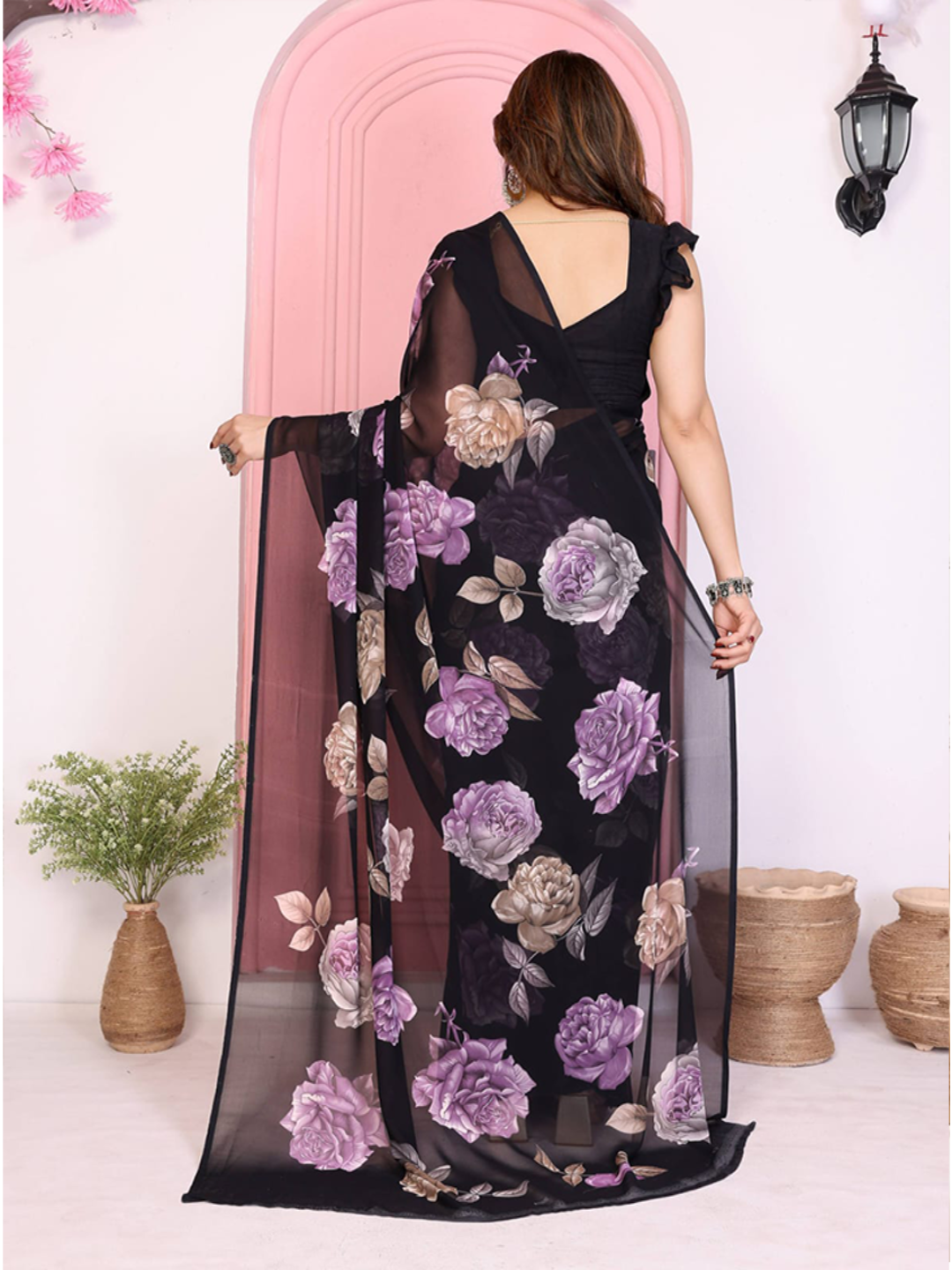 Elegant Black Floral Printed Chiffon Saree with Flower Design – Stylish Party & Casual Wear