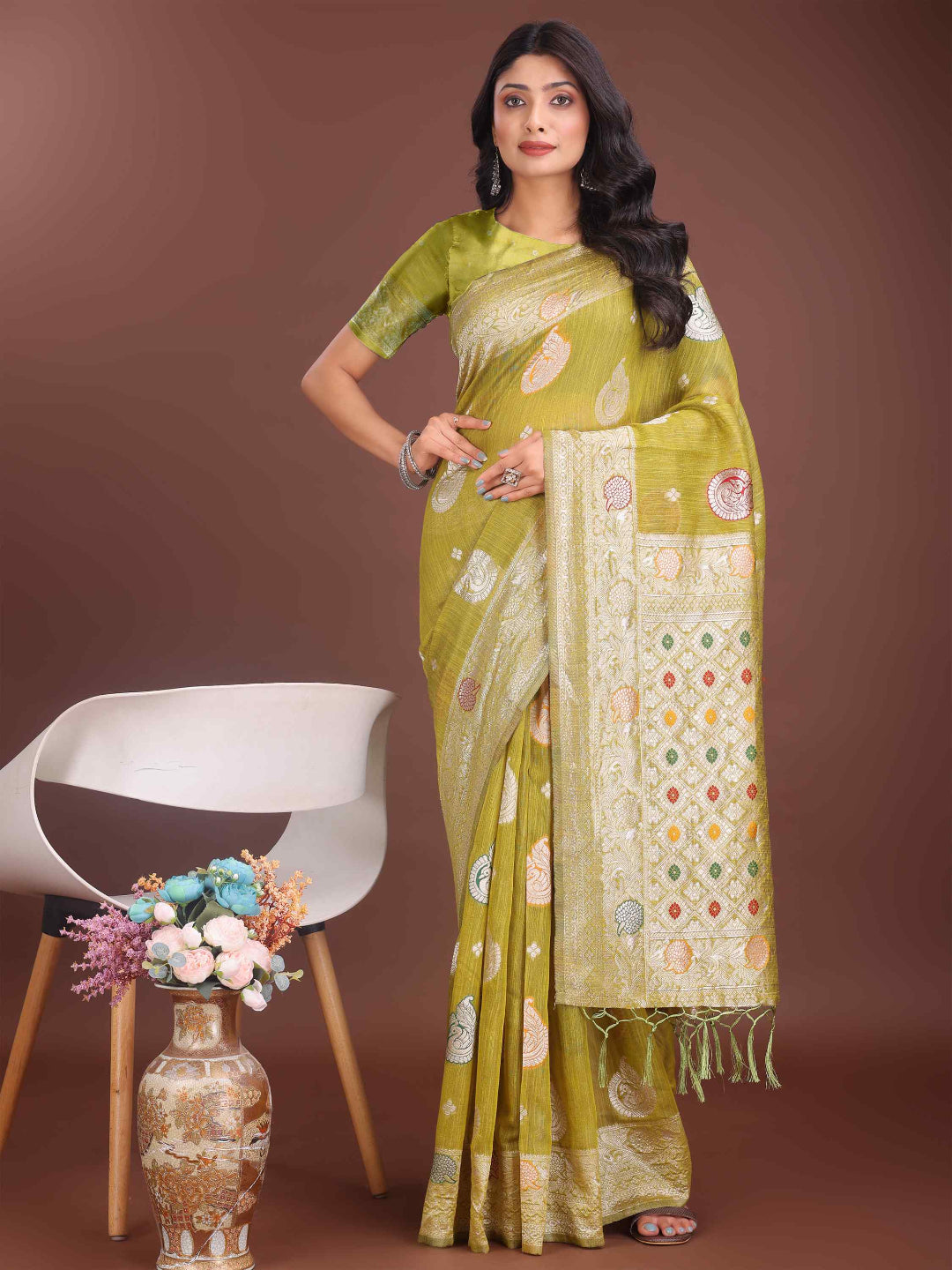 Elegant Mustard Linen Cotton Saree with Zari Weaving